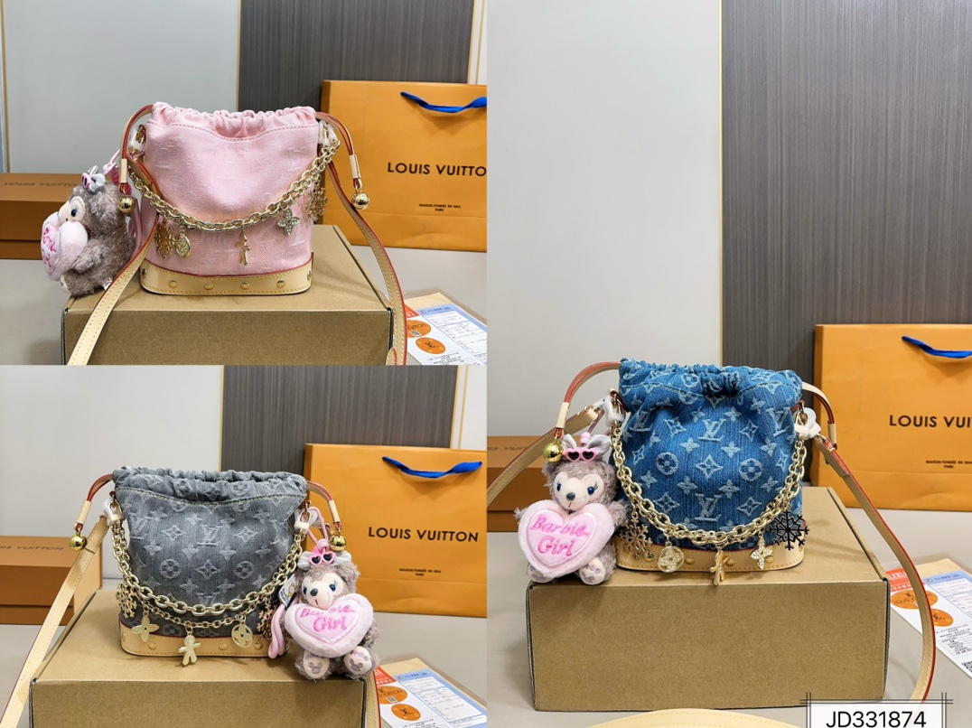💰240 配飞机盒折叠盒子配皮 动态芯片 LV 牛仔水桶包 
大容量单肩斜挎包 采用精湛镶嵌细工，经典百搭简直无法拒绝 超显气质
高级感十足 集美必入款
尺寸：18 20 