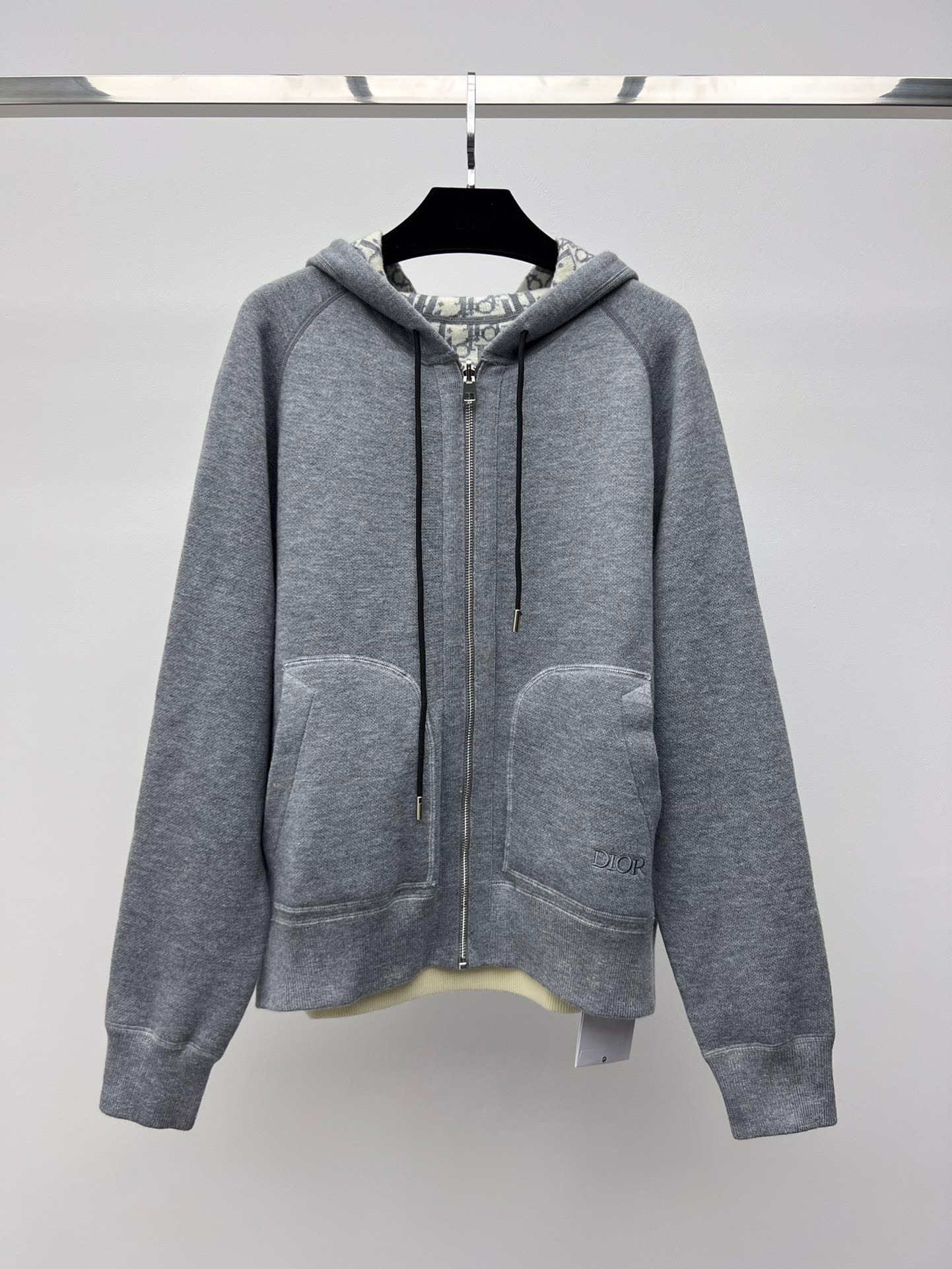 Dior Clothing Coats & Jackets Grey Printing Cashmere Wool Oblique Hooded Top