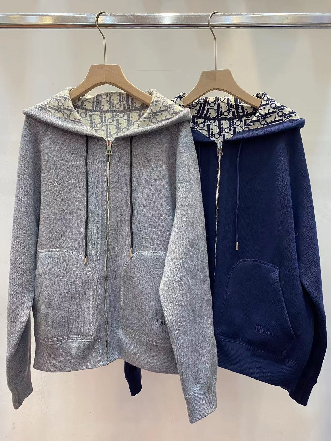 Dior Clothing Coats & Jackets Grey Printing Cashmere Wool Oblique Hooded Top