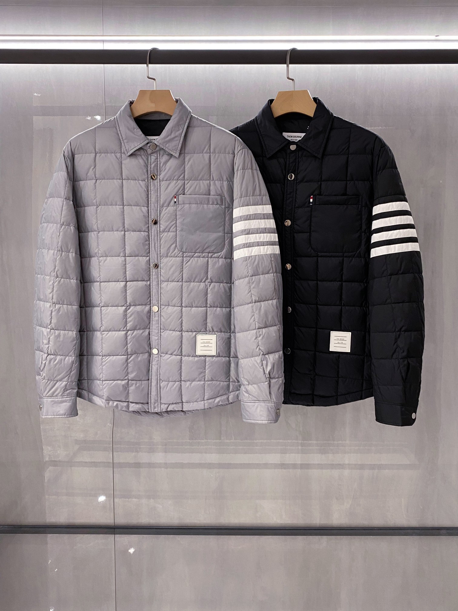 Thom Browne Clothing Down Jacket Black Grey Unisex Nylon Patent Leather Fall/Winter Collection Fashion