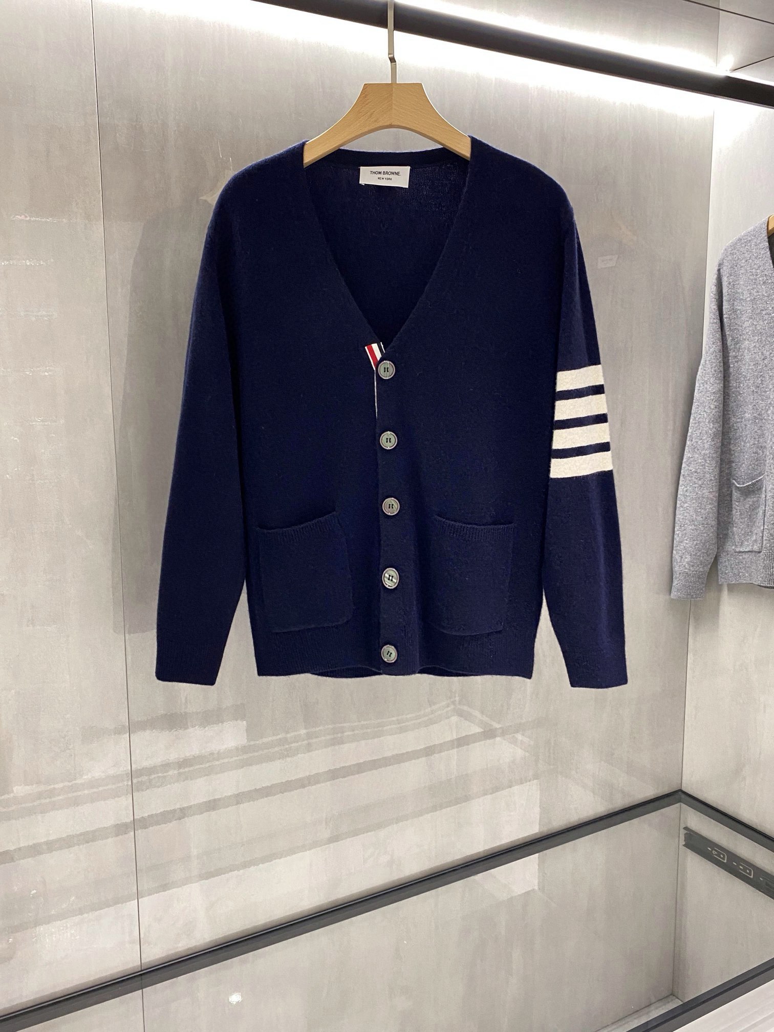 Thom Browne Clothing Cardigans Blue Dark Grey White Polishing Unisex Cashmere Knitting Wool Fall/Winter Collection Fashion