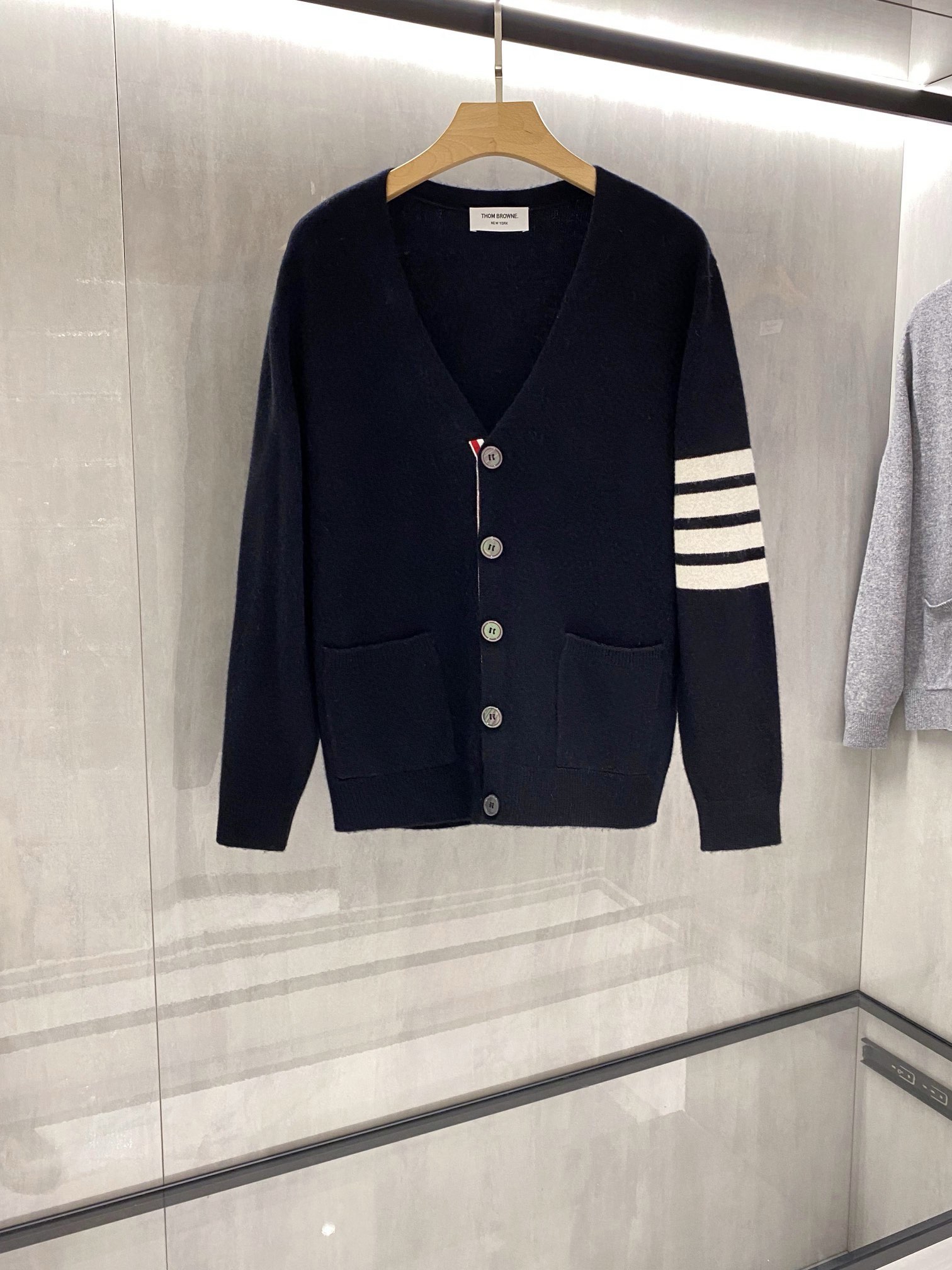 Thom Browne Clothing Cardigans Blue Dark Grey White Polishing Unisex Cashmere Knitting Wool Fall/Winter Collection Fashion