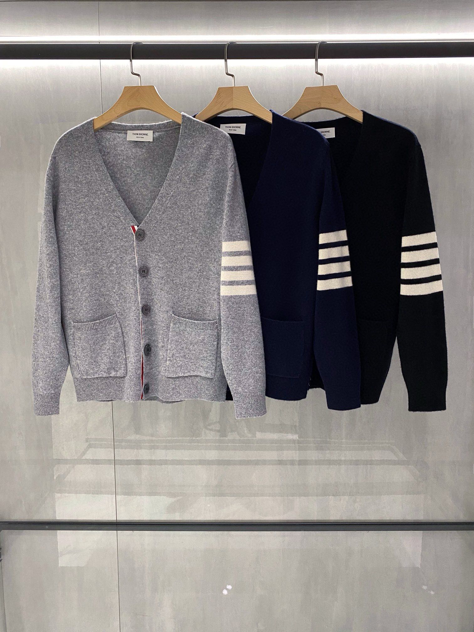 Thom Browne Clothing Cardigans Blue Dark Grey White Polishing Unisex Cashmere Knitting Wool Fall/Winter Collection Fashion