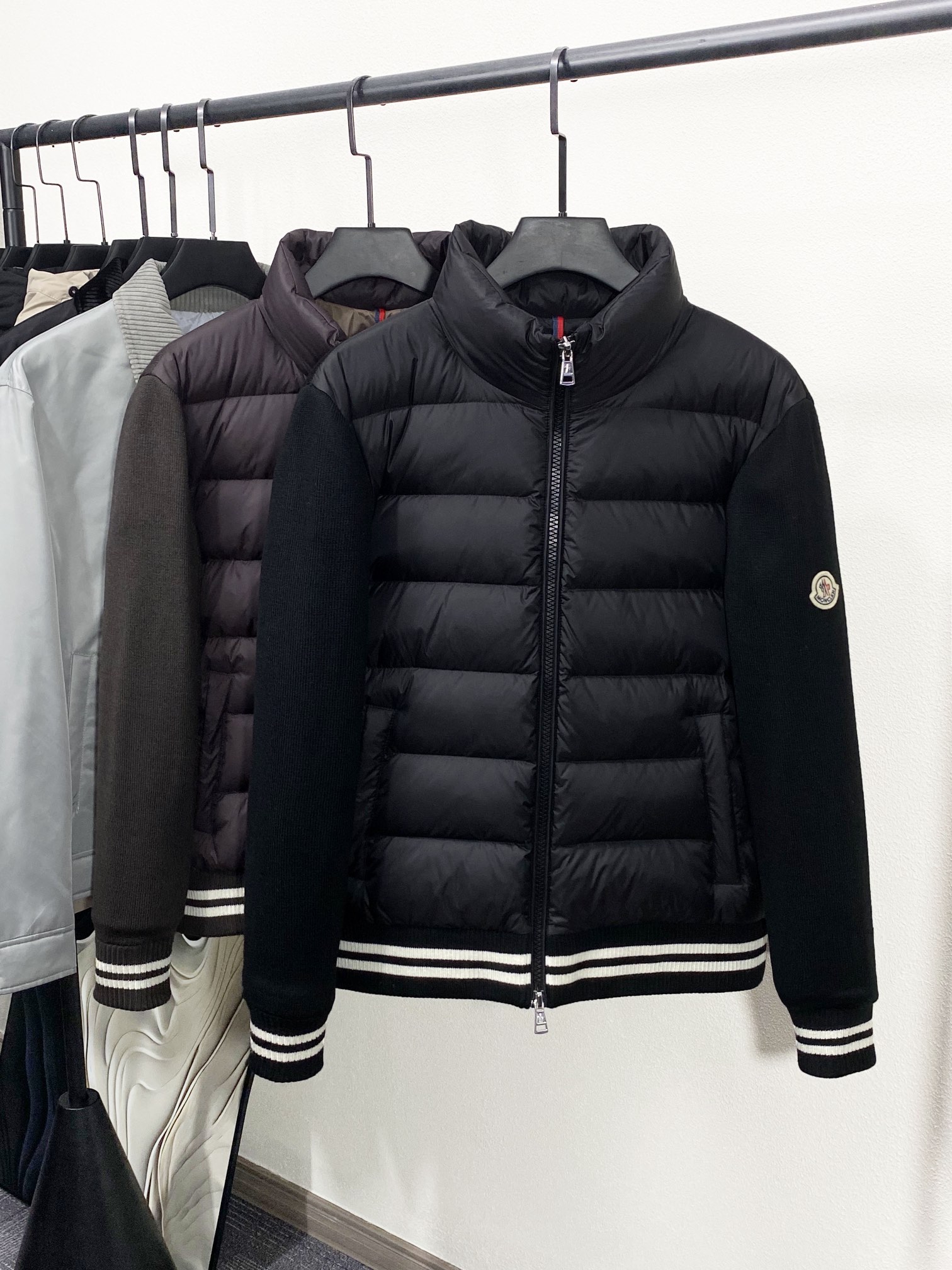 Moncler Clothing Coats & Jackets Down Jacket Grey Splicing Knitting Polyester Wool Fall/Winter Collection Fashion