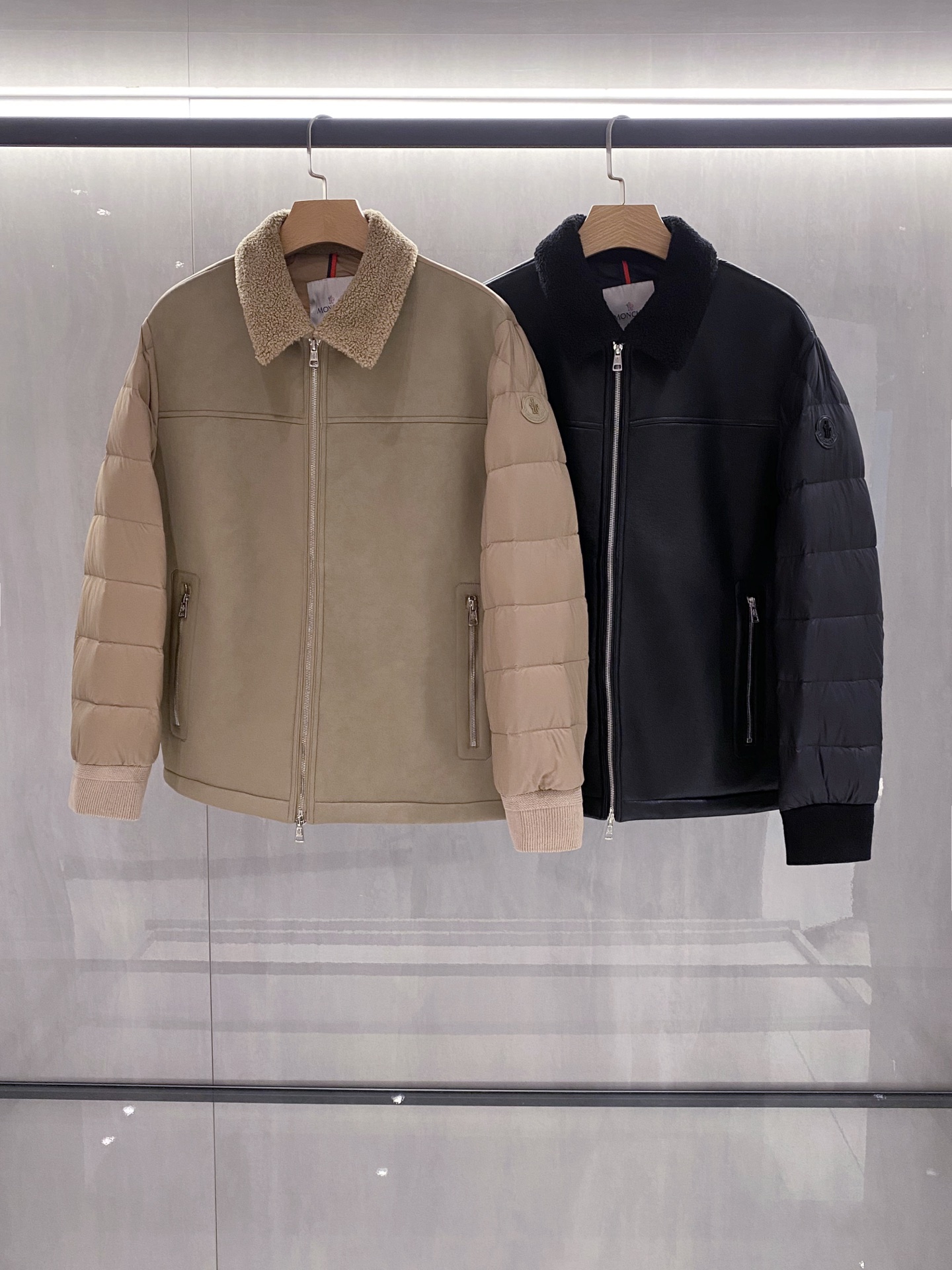 MON25FW秋冬新款科技尼龙羊羔毛拼接翻领羽绒夹克，LL男士超奢华皮毛拼接短款拉链羽绒服外套！贸易公司