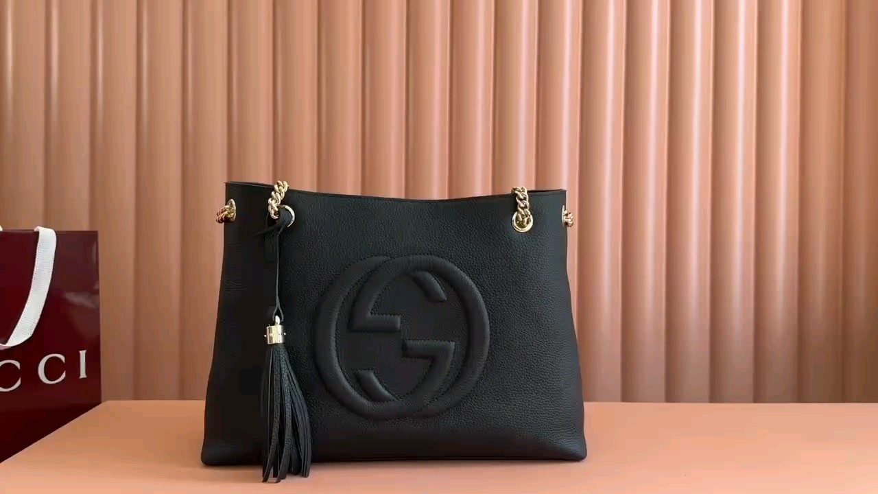 Gucci Black Leather Soho Chain Shoulder Bag with Tassel, 38x27x14cm