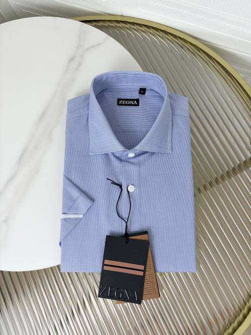 Zegna Men's Blue Patterned Short Sleeve Cotton Shirt - Casual & Business