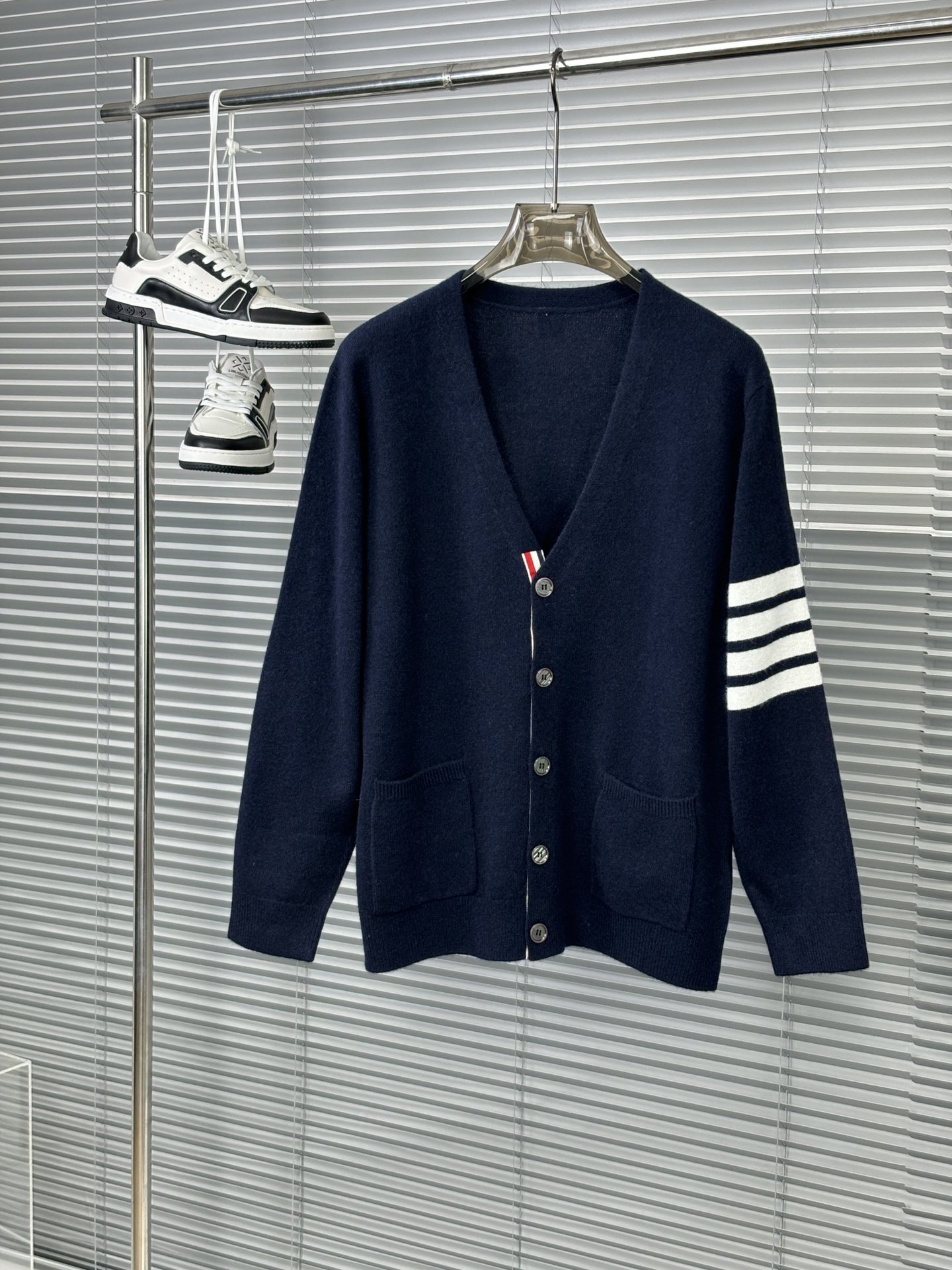 Thom Browne Clothing Cardigans Blue Dark White Polishing Unisex Cashmere Knitting Wool Fall/Winter Collection Fashion