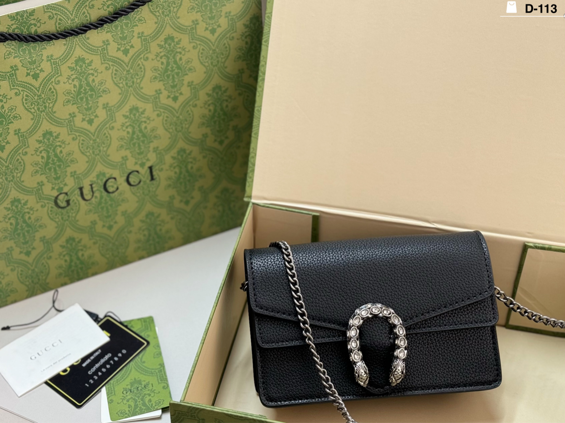 P165 | D-113 Size 18x10 Folding Box | Gucci Dionysus Diamond Buckle Bacchus Bag, Black Leather + Silver Chain, Double Tiger Head Diamond Buckle Super Recognizable. Inspired By The Greek God Of Wine, Retro Baroque Style, Romantic And Rebellious