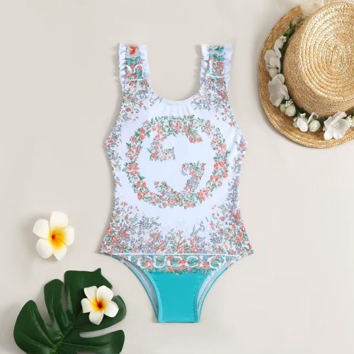 Floral One-Piece Swimsuit with Ruffle Straps for Girls, Size 80-150cm 1 Floral One-Piece Swimsuit with Ruffle Straps for Girls, Size 80-150cm