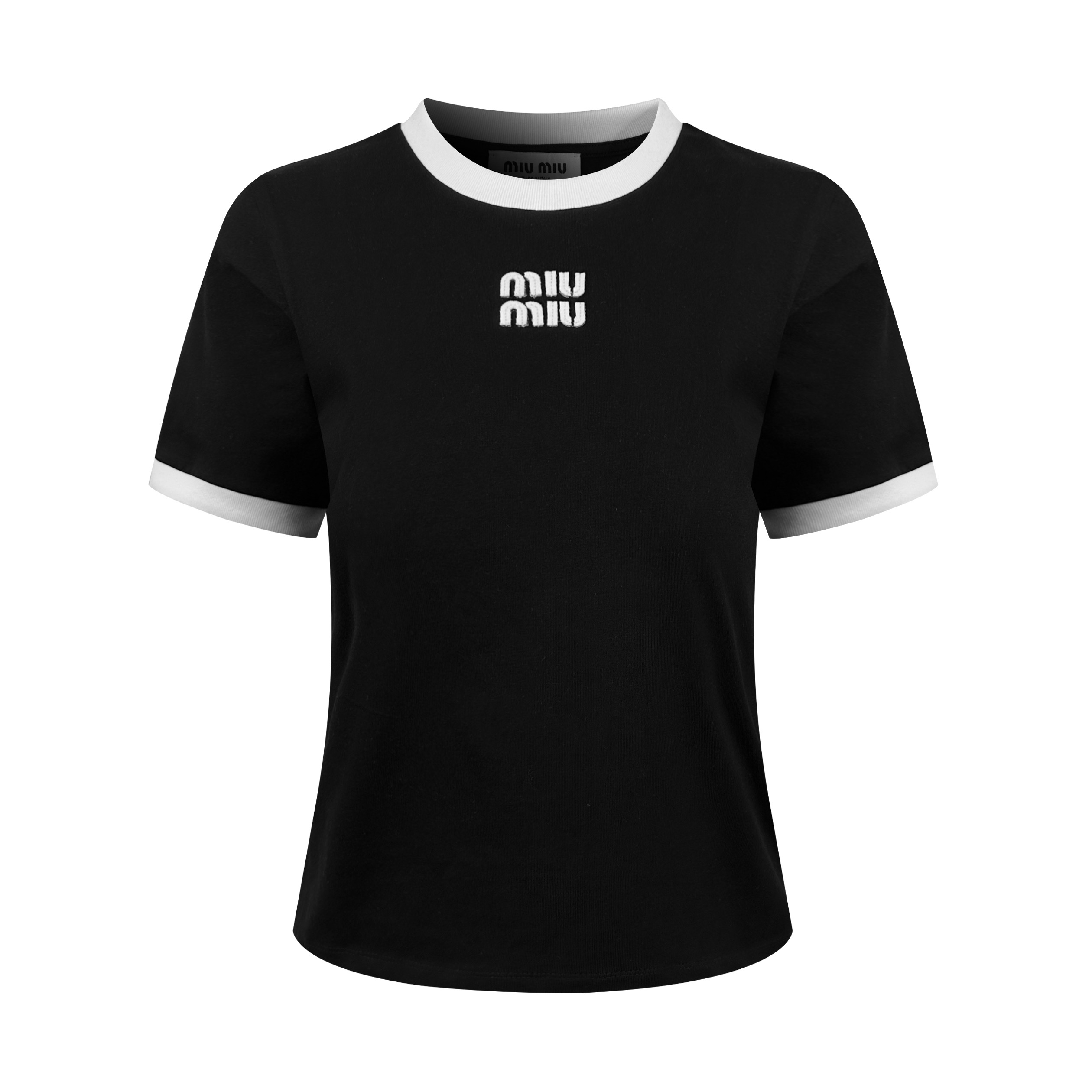 P120 Camiseta de manga corta con bordado de aplicación y paneles de MiuMiu para mujer, con tejido de punto li…