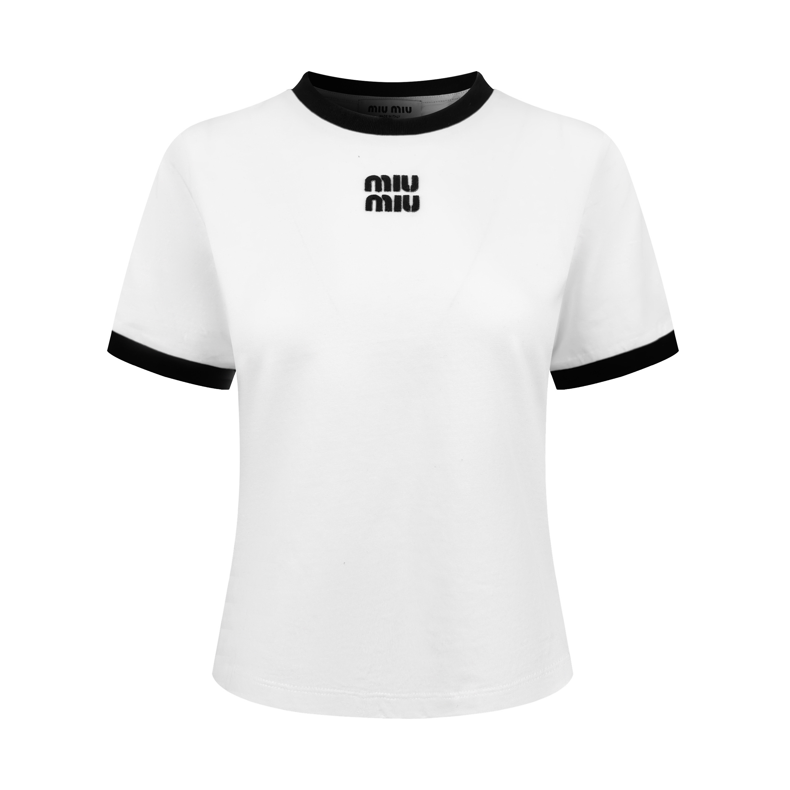 P120 Camiseta de manga corta con bordado de aplicación y paneles de MiuMiu para mujer, con tejido de punto li…