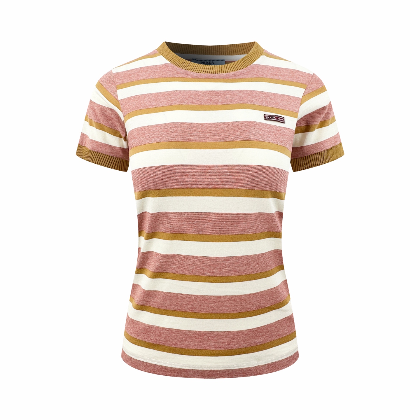 P130 Manga corta a rayas con logo de Prada para mujer, algodón piqué a rayas de colores Morandi hecho a medida, ajustad…