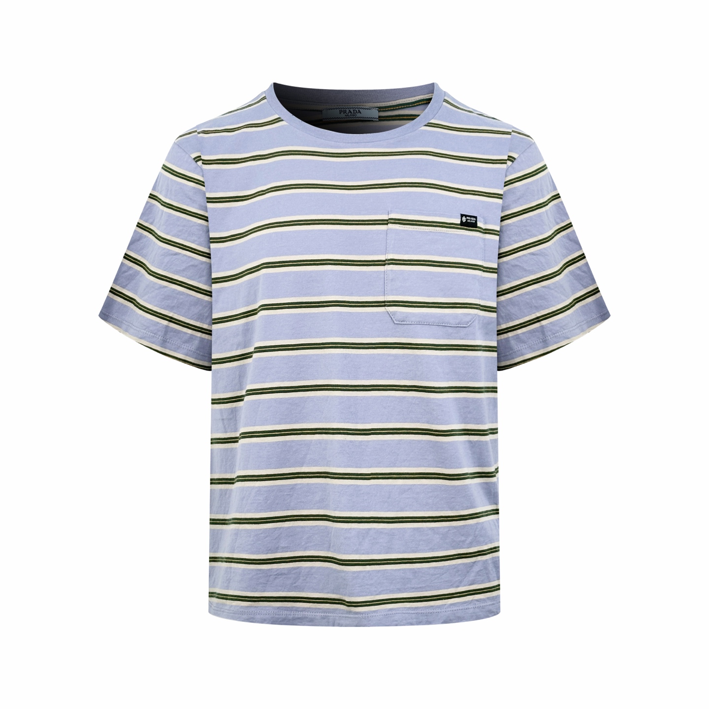NO:958098,.Women's Prada logo striped short-sleeve, custom-dyed retro floral yarn-dyed jersey cotton, delicate and smooth, soft and skin-friendly. Mist lavender purple lays on the base of the body, combined with olive green horizontal stripes to add a retro tone, with off-white fine lines for progressive layers, giving it a relaxed and quiet urban casual texture.  The iconic Prada label is embellished on the breast pocket, condensing brand recognition. The stripes are arranged in a balanced and orderly manner, and the color levels are soft and restrained; the loose straight body has a sense of relaxation, and the moderate length optimizes the proportion of the upper and lower bodies, carrying a relaxed posture in summer. The stripes are relaxed, the silhouette is comfortable for summer, and the warm and cold tones are balanced and blended to outline a lazy retro summer atmosphere. 1. Infrared positioning cutting machine  The precise positioning of materials is achieved through infrared emitters and infrared receivers, and the accuracy can reach the micron level, thereby meeting the effect of high-precision cutting of alignment and striping. 2. Positioning and fraying. Many parts of the garment body are worn and worn by pure manual regular positioning and manual brushing to add texture and depth to the surface of the clothing to imitate the texture of natural wear and tear. 3. Enzyme washing treatment The fabrics have been fermented and have a better hand feel and texture, are not easy to deform, shrink, and fade, and maintain long-term beauty.  Accessories Customized 1:1 Prada Label Customized 1:1 Prada Trademark Version Loose version Size 38 40 42 Must smash,,prada,T-shirt,19860909.女装Prada 徽标条纹短袖 定制定染复古花纱色织平纹针织棉,细腻平整,软糯亲肤.雾感薰衣草紫铺陈衣身基底,糅合橄榄绿横条增添复古基调,搭配米白细纹递进层次,自带松弛静谧的都市休闲质感. 标志性Prada标签点缀于胸前口袋,凝练品牌辨识度.条纹疏密排布均衡有序,色彩层次柔和内敛；宽松直筒衣身自带松弛感,适中衣长优化上下身比例,承载夏日松弛姿态.条纹叙写松弛,廓形自在赴夏,冷暖色调平衡相融,勾勒慵懒复古的夏日氛围感. 1.红外线定位裁床 通过红外发射器和红外接收器来实现对材料的精准定位,精度可达到微米级别,从而满足对位对条高精度裁剪的效果. 2.定位磨破 衣身多处皆由纯人工规律性定位磨破 手工刷痕,在衣物表面增加纹理和深度感,以模仿自然磨损的质感. 3.酵洗处理 面料都经过酵洗,手感质感更佳,不易变形,不易缩水、不易褪色,保持长久的美观. 辅料 定制1:1 Prada 标签  定制1:1 Prada 商标 版型 宽松版型 尺码 38 40 42 必须砸锅,,prada,T-shirt,,Men's clothing