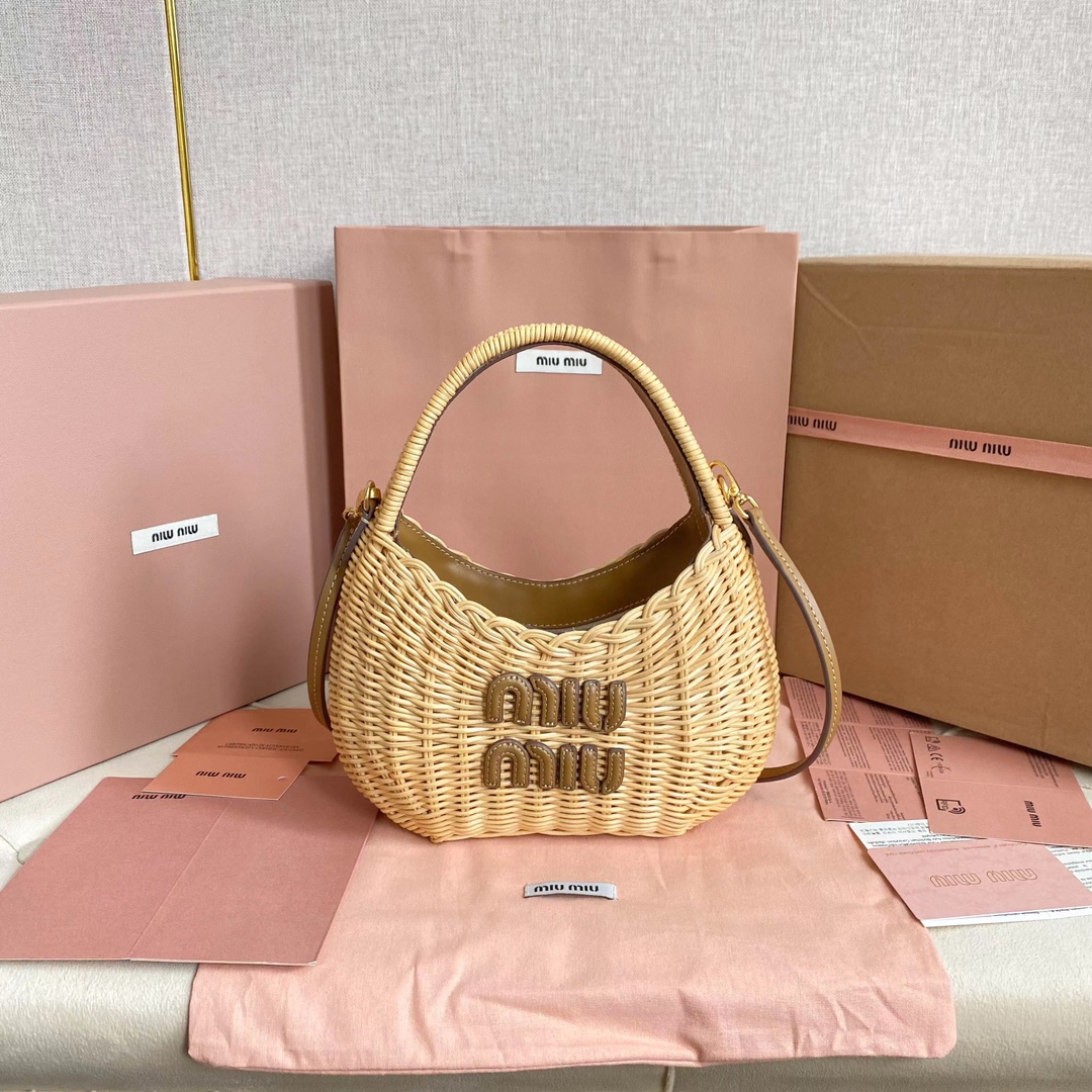 Miu Miu Woven Basket Bag Leather Logo Long Strap Shoulder Handbag