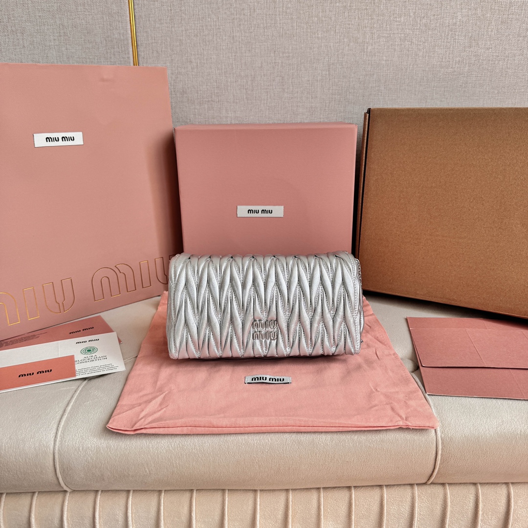 Miu Miu Lambskin Matelasse Texture Chain Bag Flap Clutch Crossbody