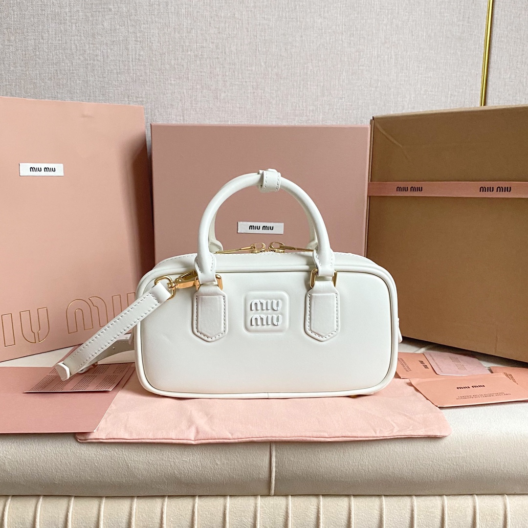 Miu Miu bowling bag calfskin Matelasse pattern engraved logo detachable shoulder strap