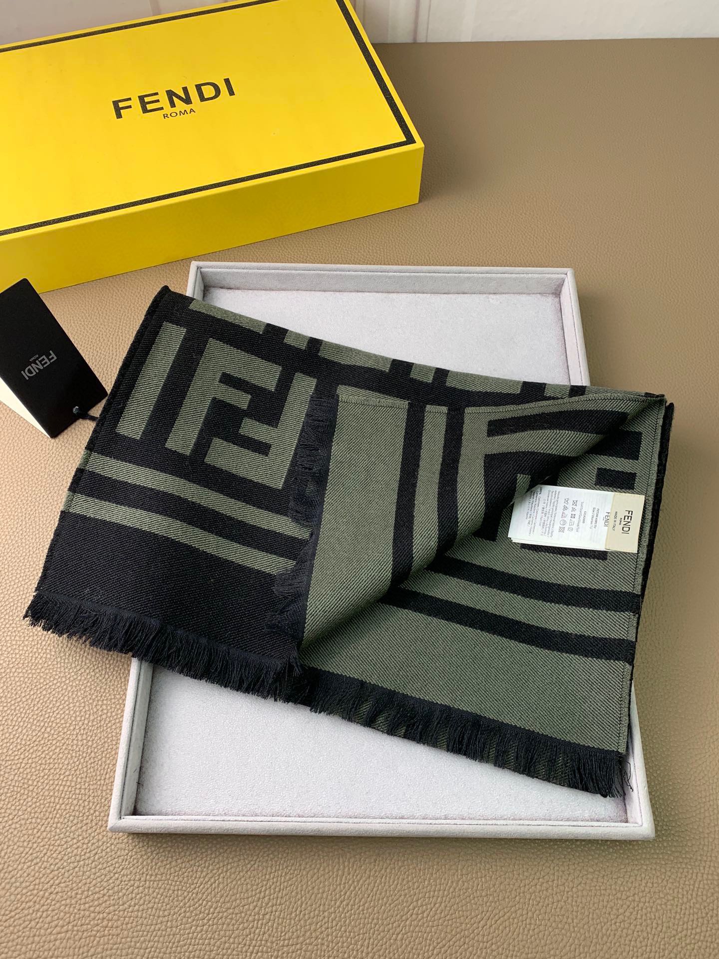 Fendi FF Logo Wool Blend Scarf, Olive Green & Black, 35x200cm
