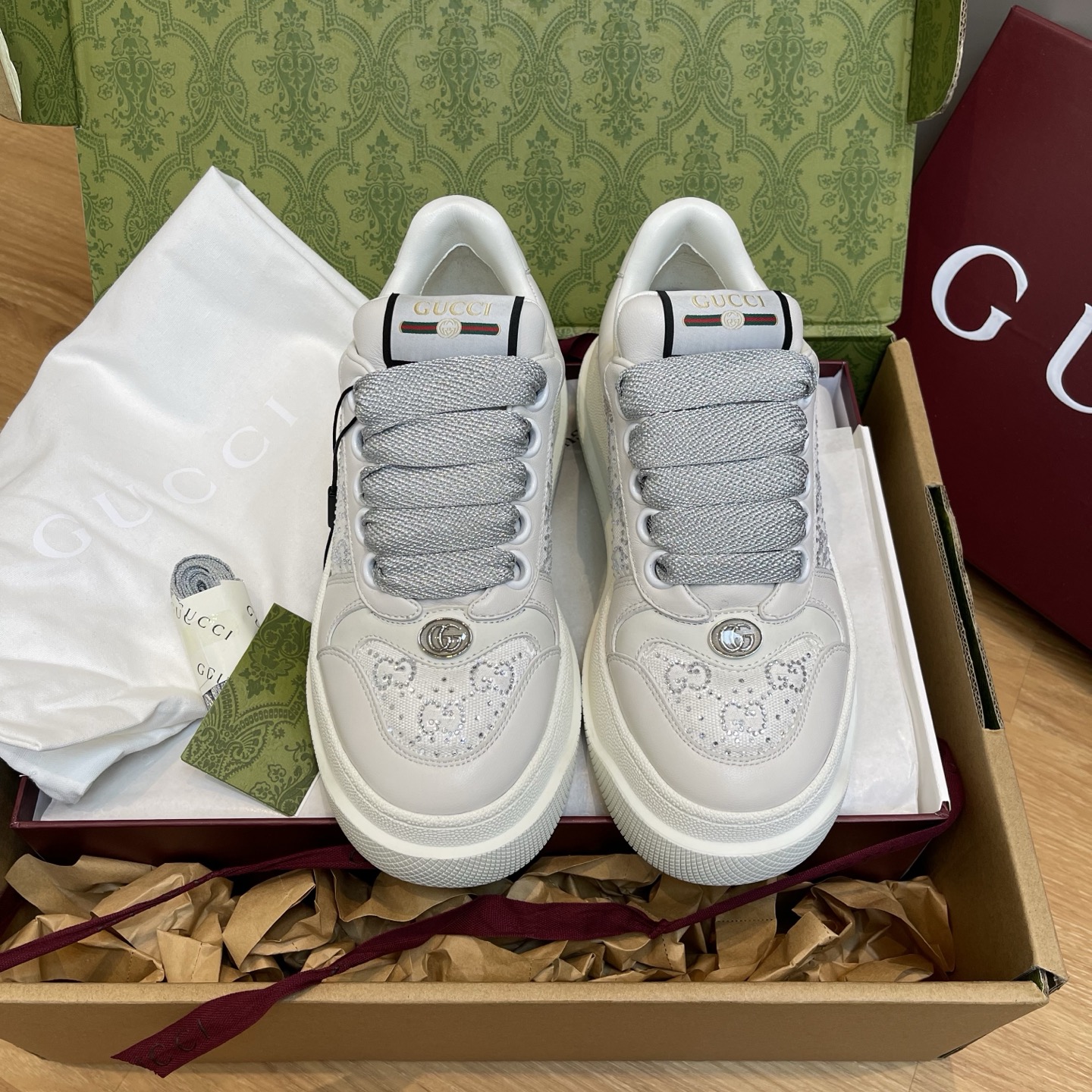 GUCCI Platform Low-Top Sneakers Leather Web Double G Distressed