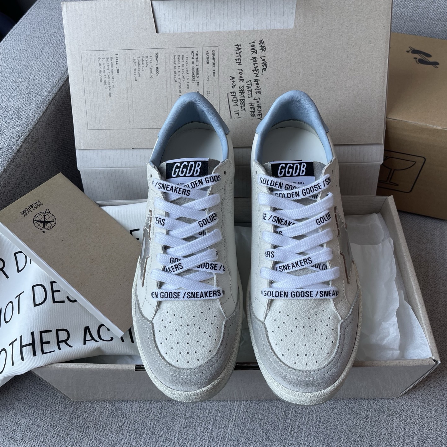 GGDB Low-Top Lace-Up Sneakers White Grey Cowhide Suede Distressed