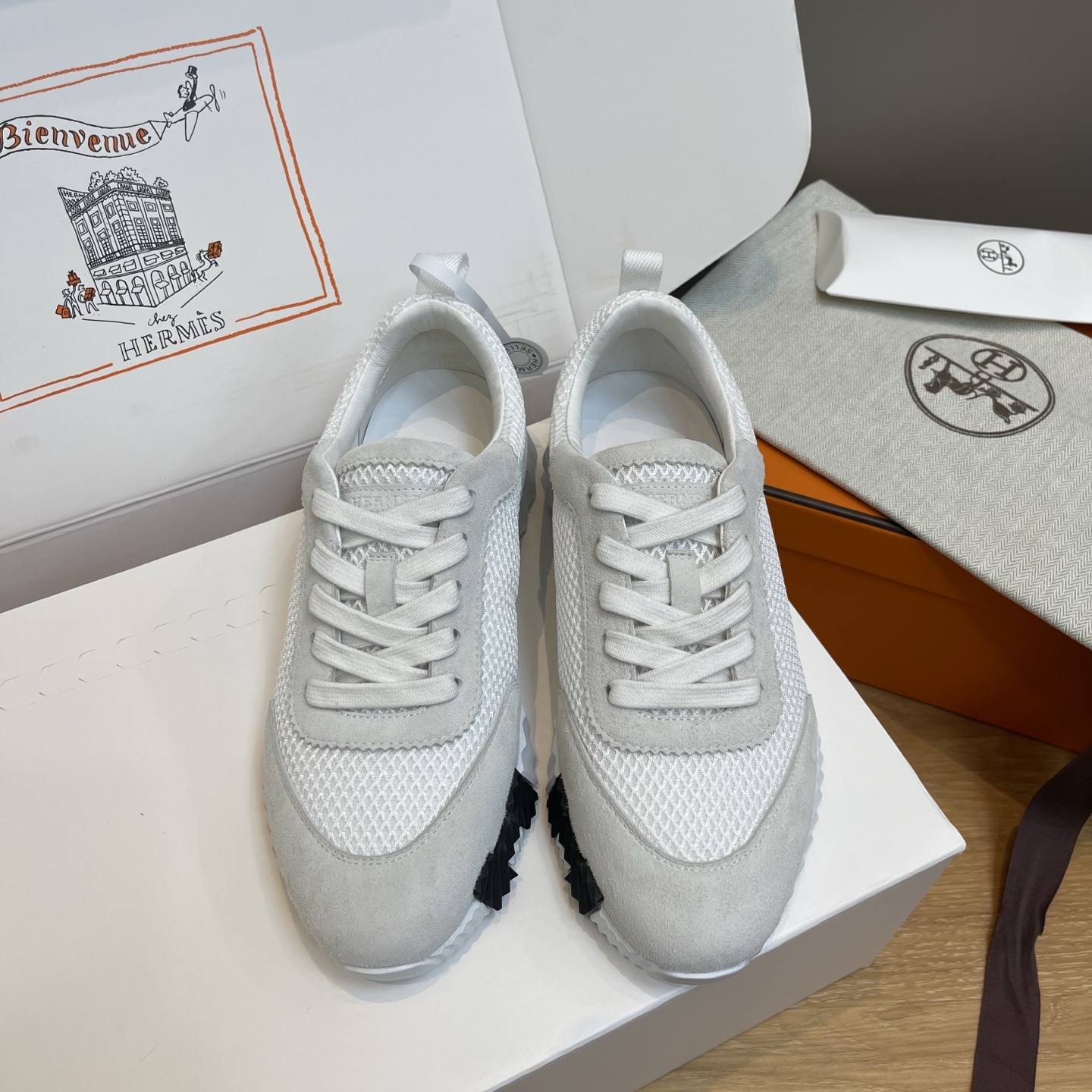 Hermes Bouncing класічная версія цалкам абноўленая жаночая  красовки з цялячай скуры і замшавай козлінай скуры