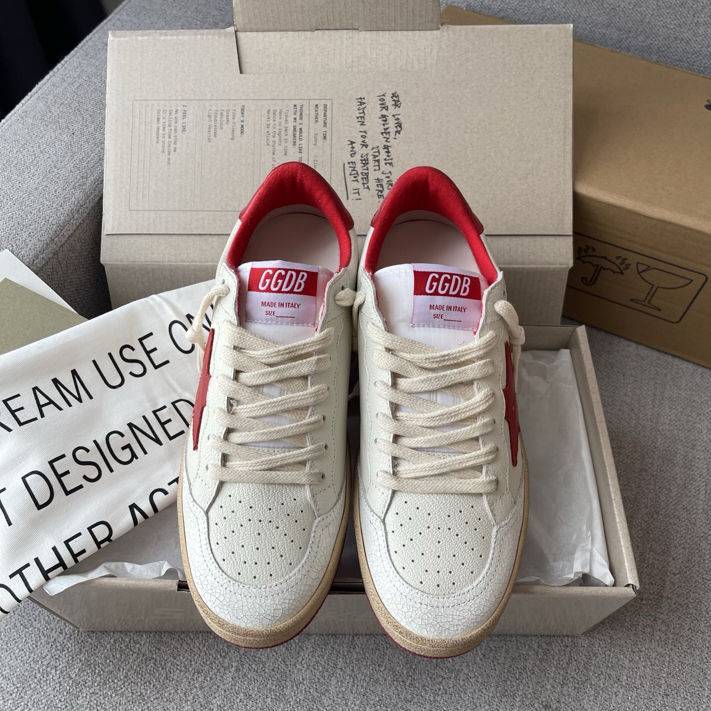 GGDB Low-Top Lace-Up Sneakers White Red Leather Distressed