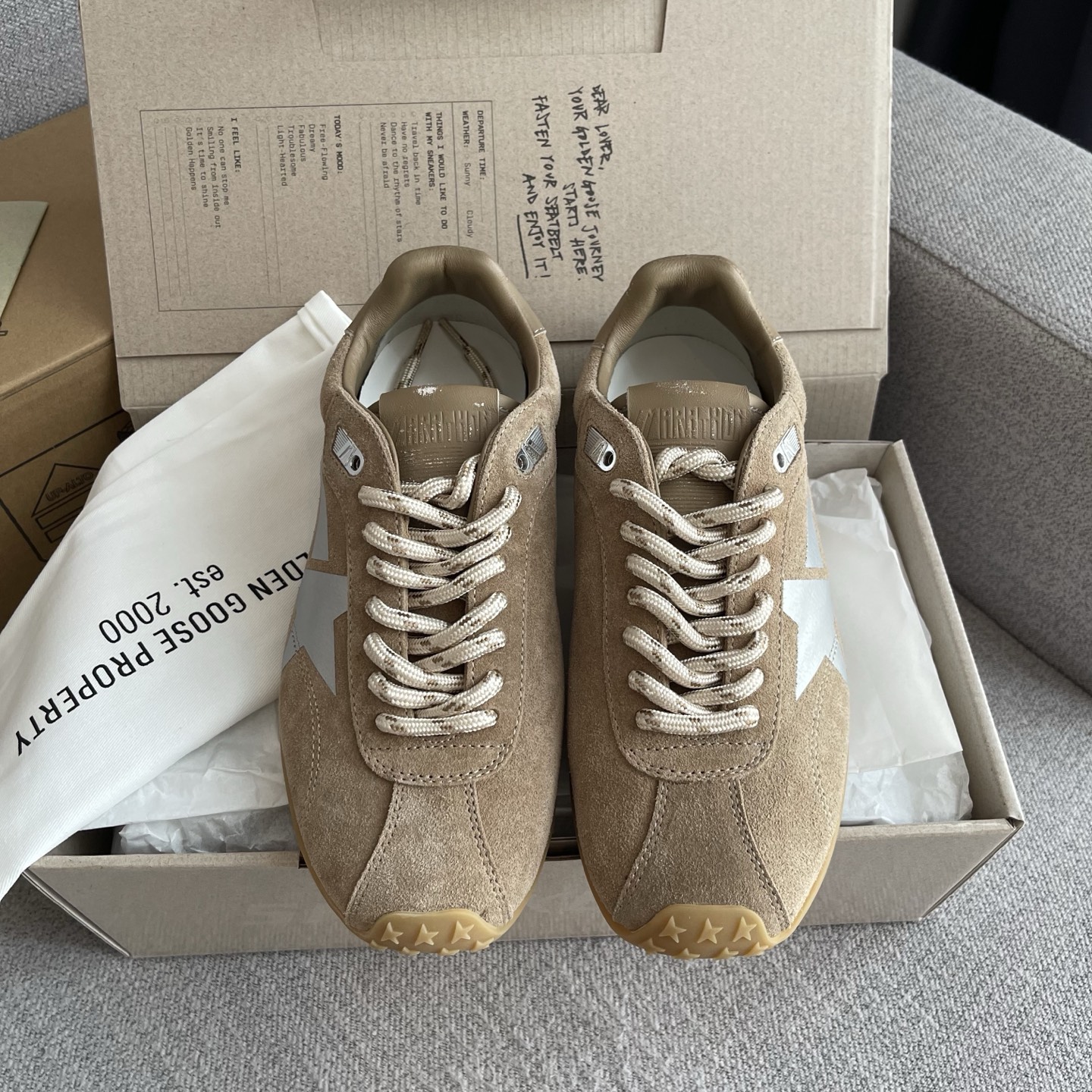 GGDB low-top sneakers, suede, beige, star pattern
