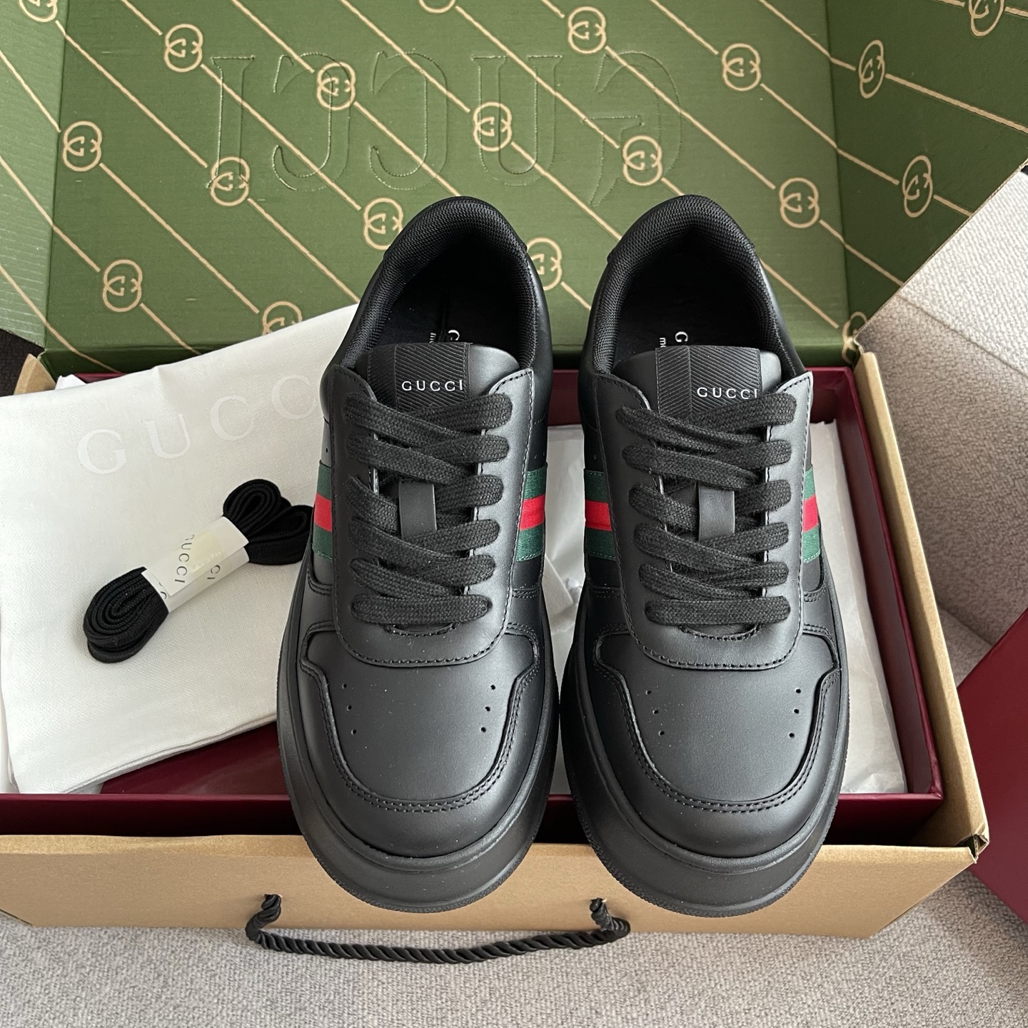 GUCCI 厚底 運動鞋 皮革 紅綠織帶 男女同款
