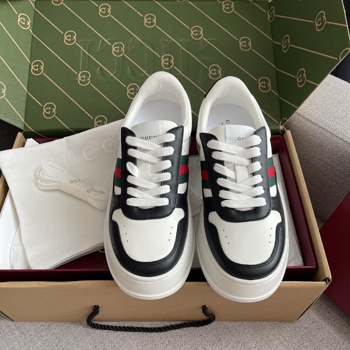 GUCCI 厚底餅乾鞋 紅綠織帶 小牛皮 運動鞋