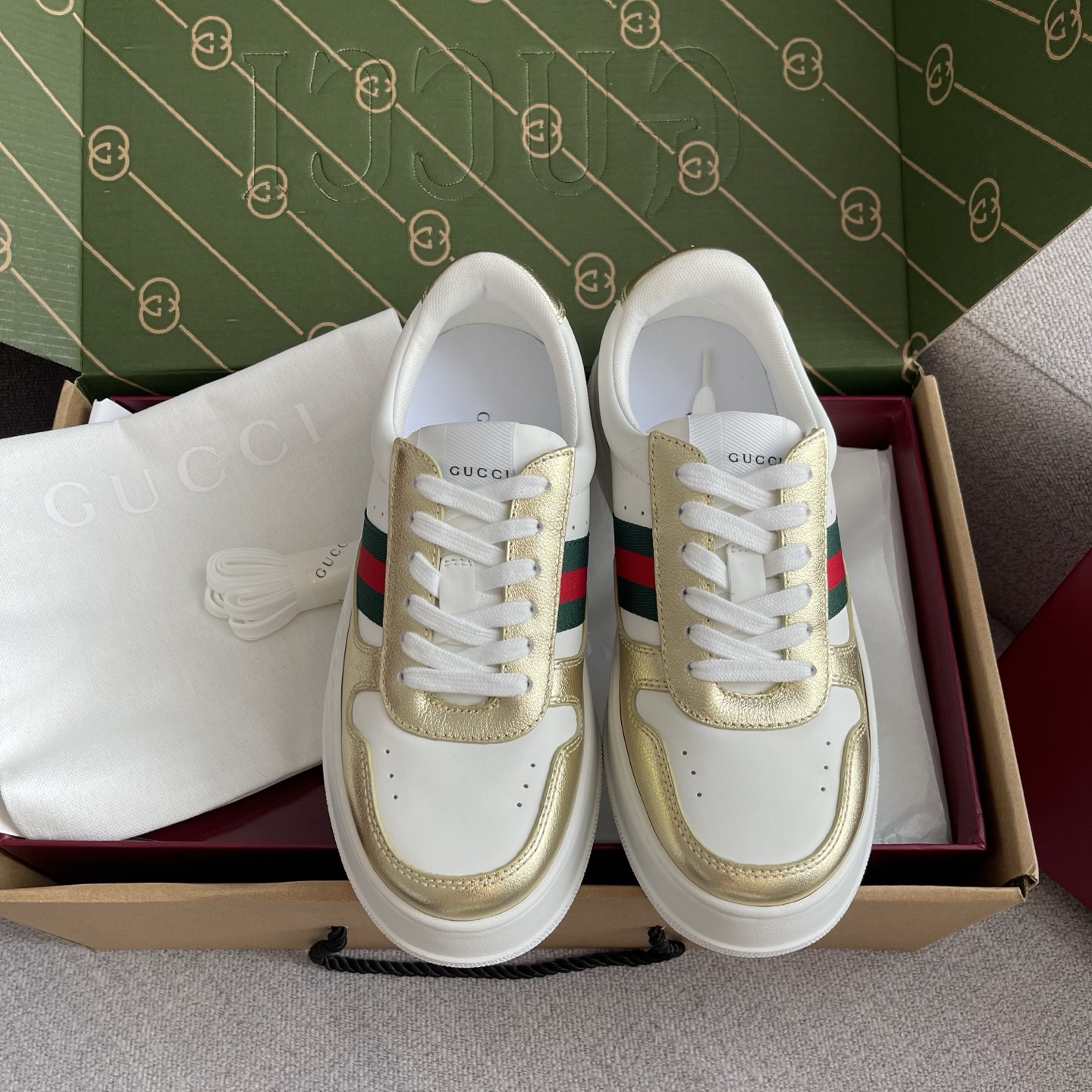 GUCCI 厚底餅乾鞋 紅綠織帶 金屬鞋面 運動鞋
