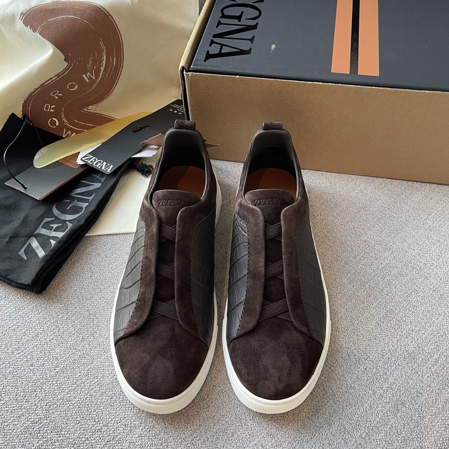 Zegna Triple Stitch deerskin crocodile-embossed casual shoes