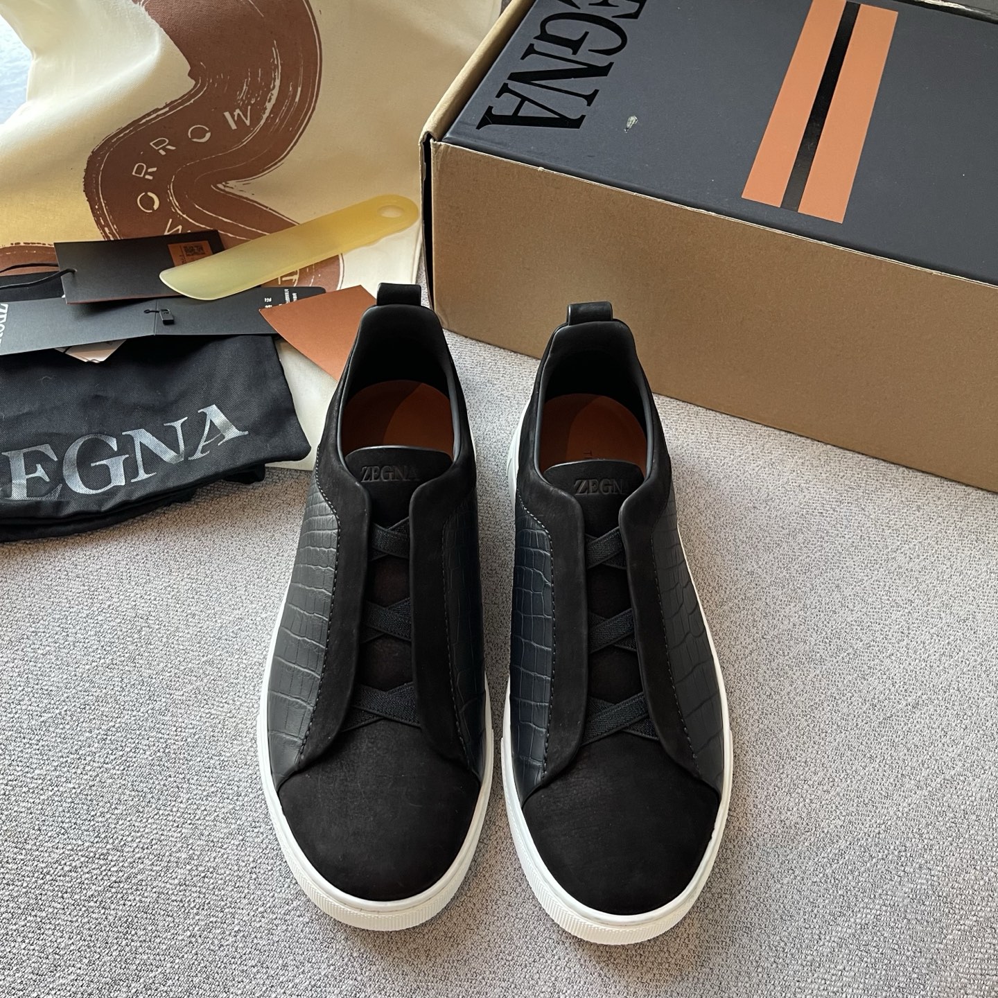 Zegna Triple Stitch Crocodile-Embossed Deerskin Casual Shoes