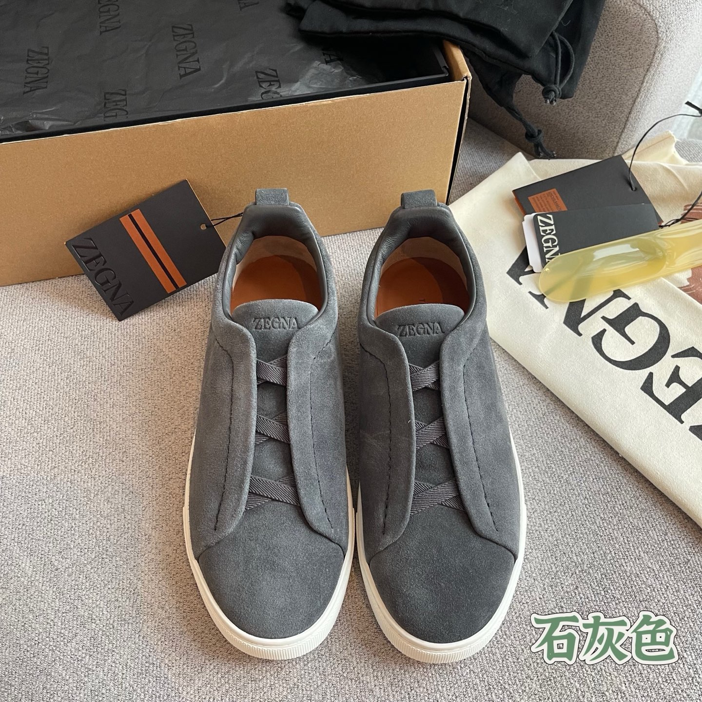Zegna Business Casual Shoes Suede Slip-On Stone Gray