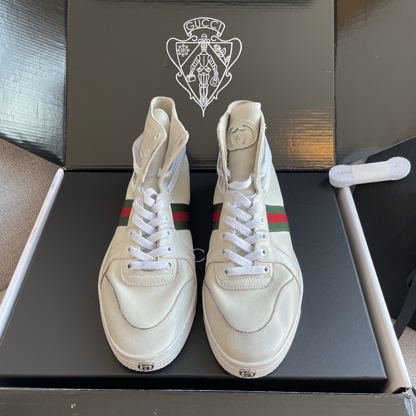 GUCCI 高筒板鞋 白色皮革 綠紅織帶 雙G