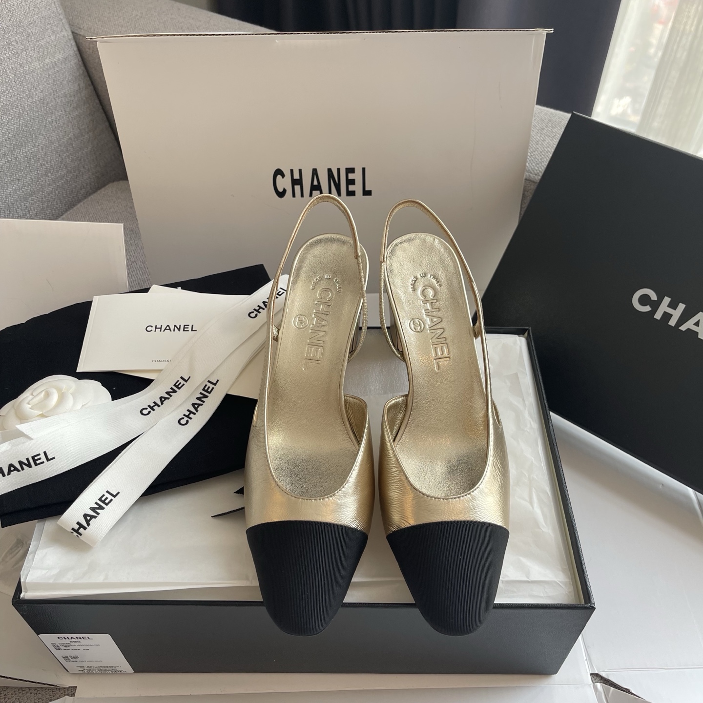CHANEL 后空 羊皮 金色 女鞋