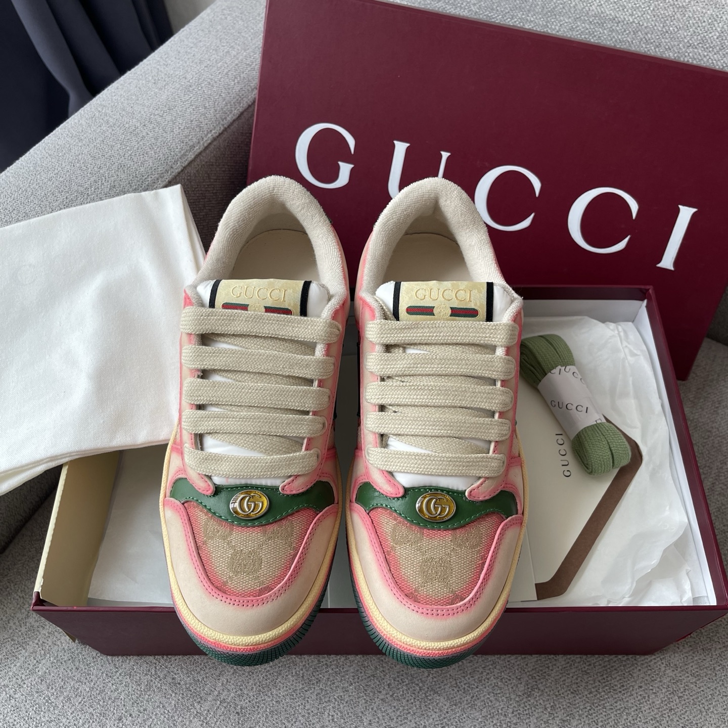 GUCCI Screener Low-Top Sneakers Pink Green Colorblock Double G Web