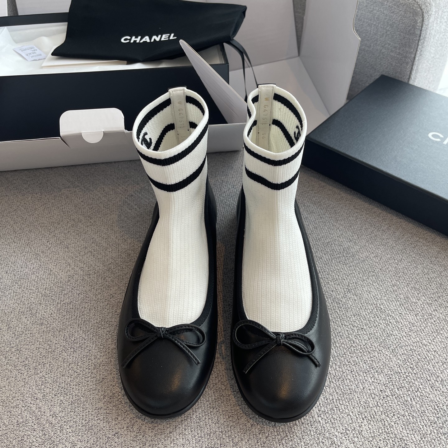 CHANEL 拼接 袜靴 芭蕾舞鞋 针织 小羊皮 蝴蝶结