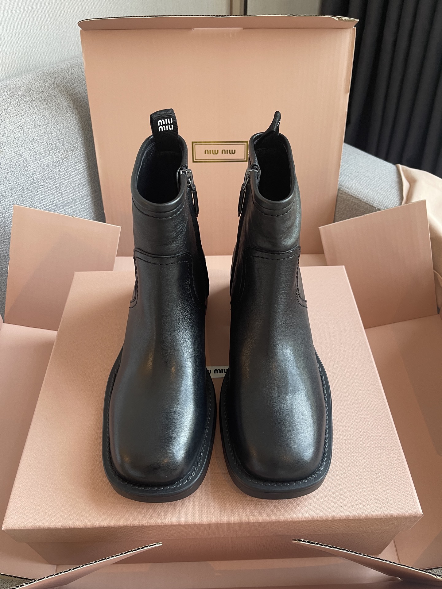MiuMiu square-toe block-heel ankle boots, cowhide, zipper