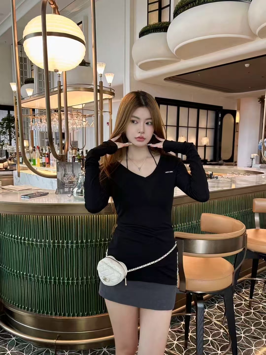 Miu Miu Slim Fit Heart Neck Long Sleeve T-Shirt Basic Top