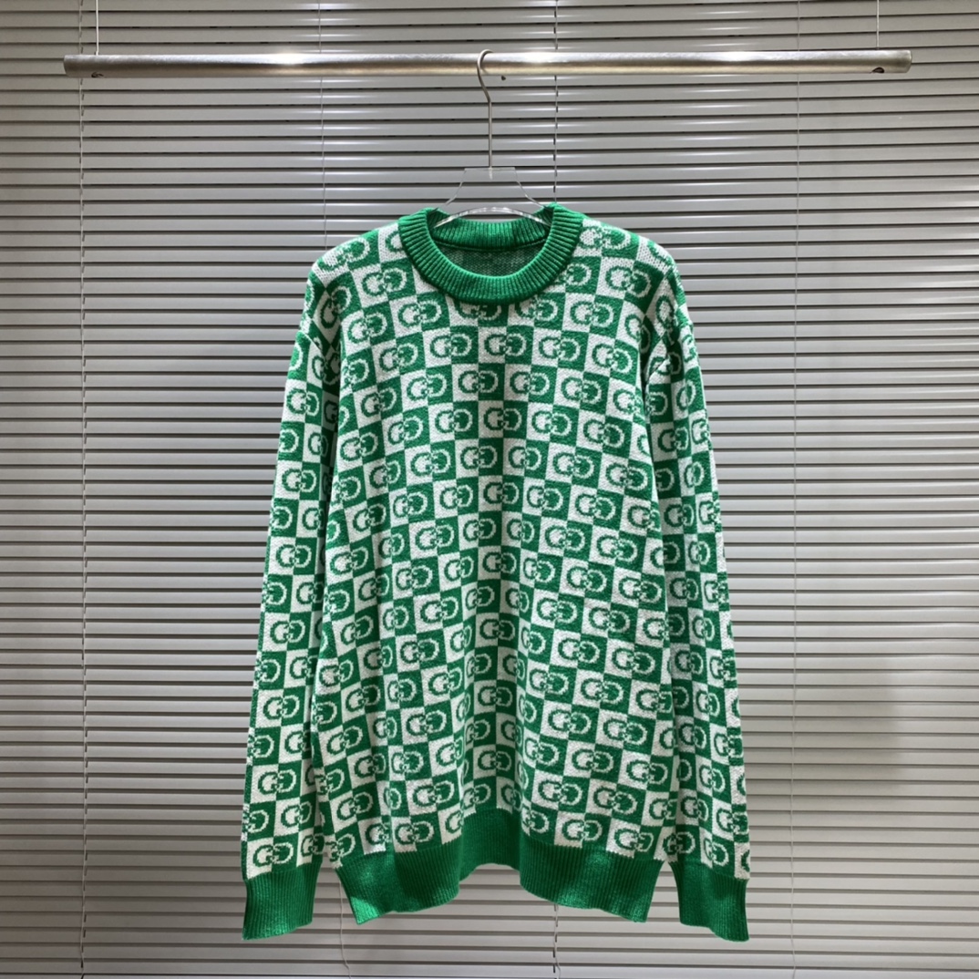 Suéter de cuello redondo de punto jacquard con cuadros de doble G en todo el cuerpo GU Gujia, colores: azul, verde, tal…
