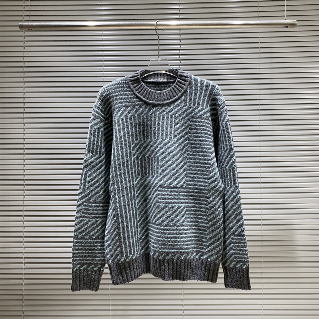 Suéter de cuello redondo con jacquard de doble F en líneas de patrón oscuro FD Fendi, colores: amarillo, gris…