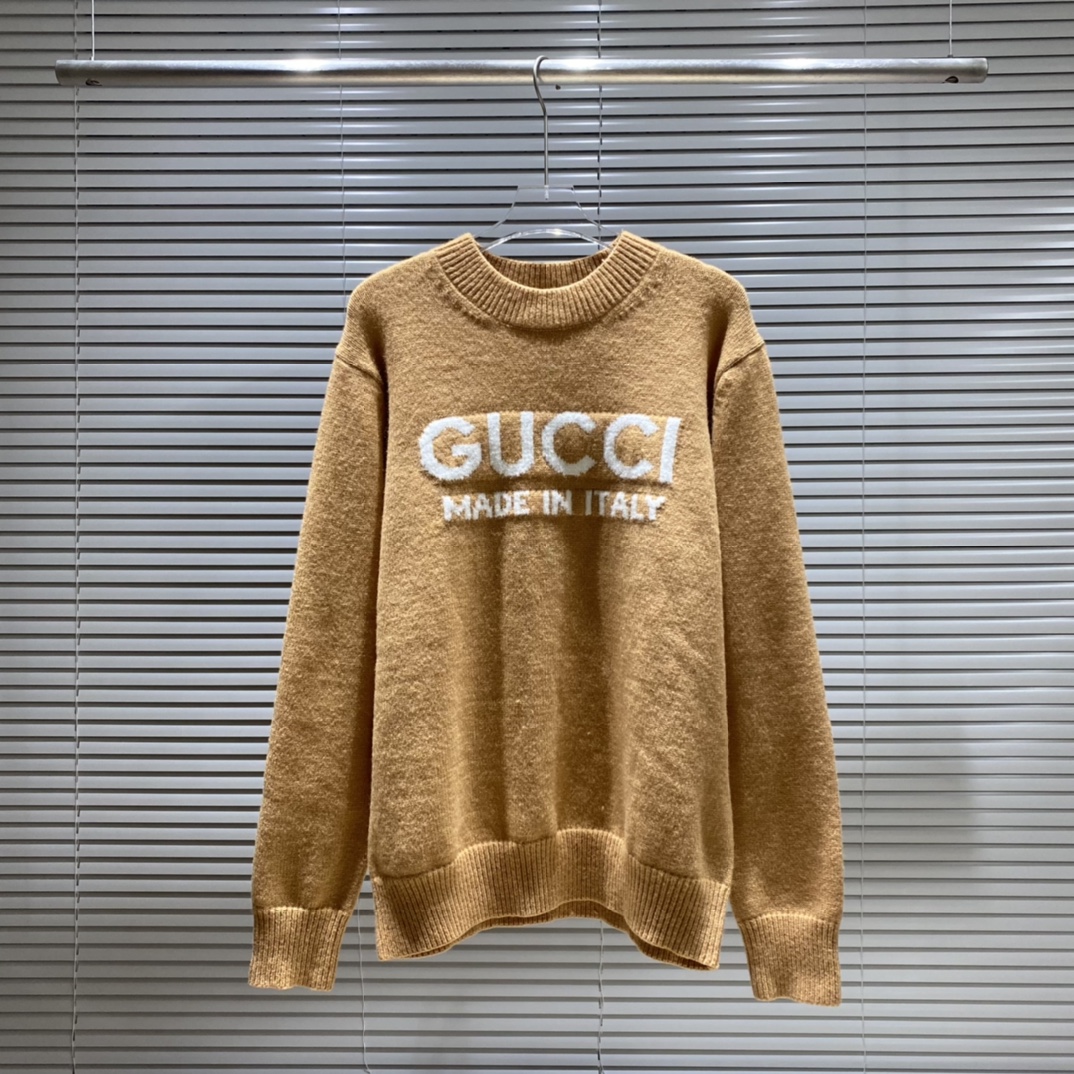 Suéter de cuello redondo de punto jacquard con logo de letras clásico GU Gujia, color: marrón, tallas: S M L XL XXL