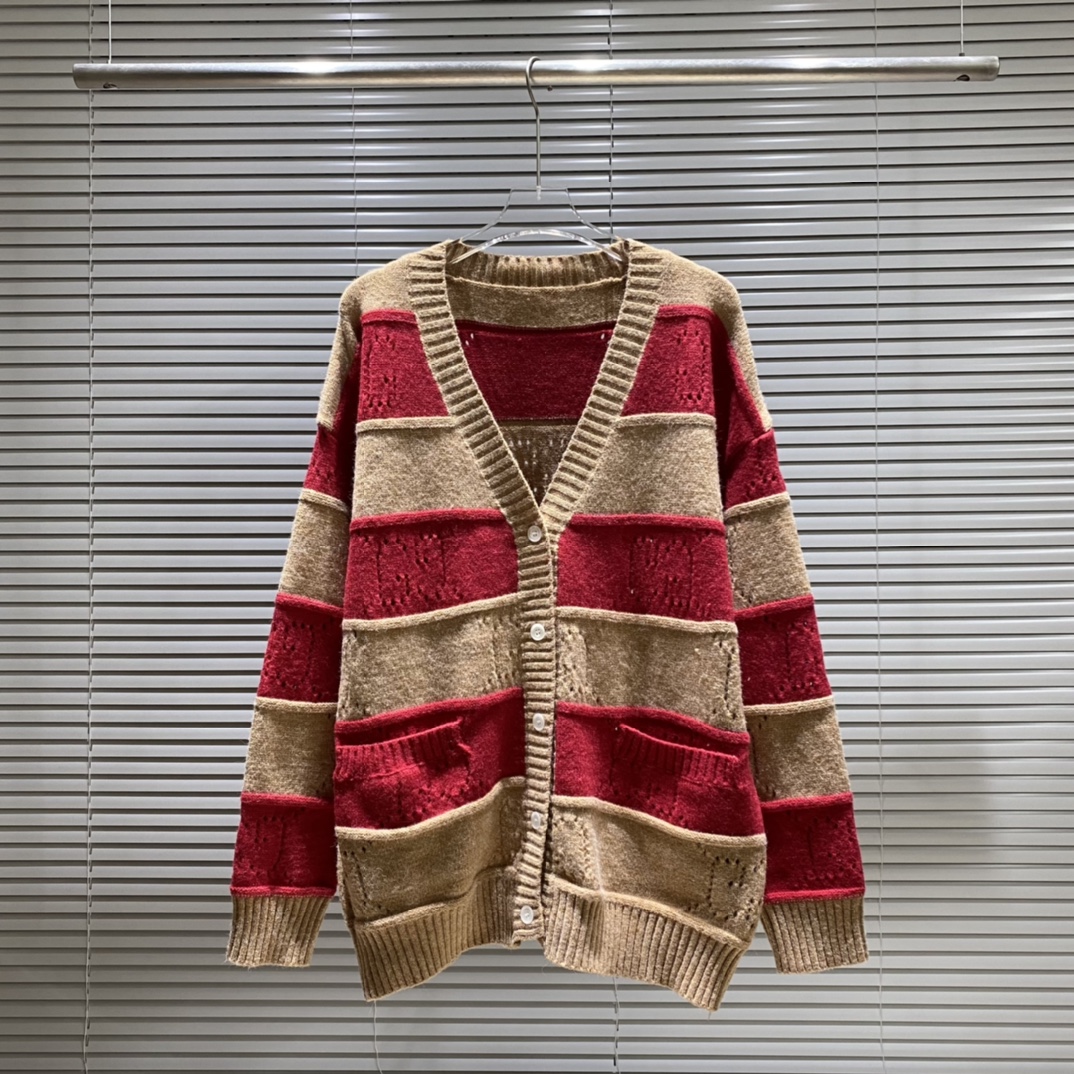 GU Cárdigan de punto con jacquard calado y doble G a rayas combinadas, color: rojo. Tallas: S M L XL XXL