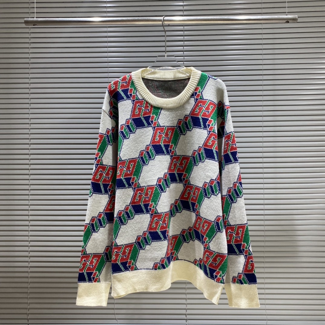 GU Suéter de cuello redondo con jacquard geométrico de GG cuadrado, color: albaricoque. Tallas: S M L XL XXL