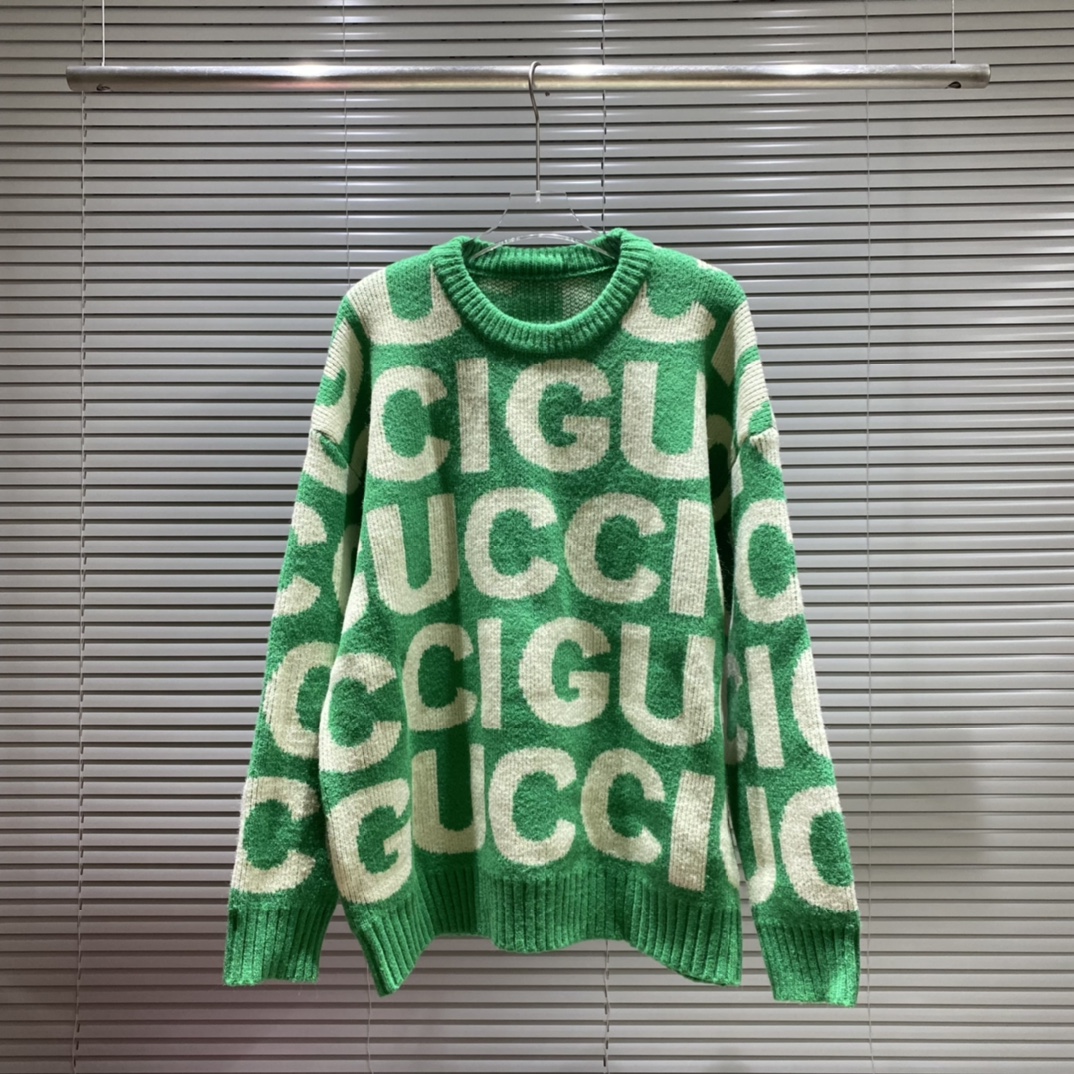 GU Suéter de cuello redondo con logo de letras en intarsia, colores: azul, verde. Tallas: S M L XL XXL