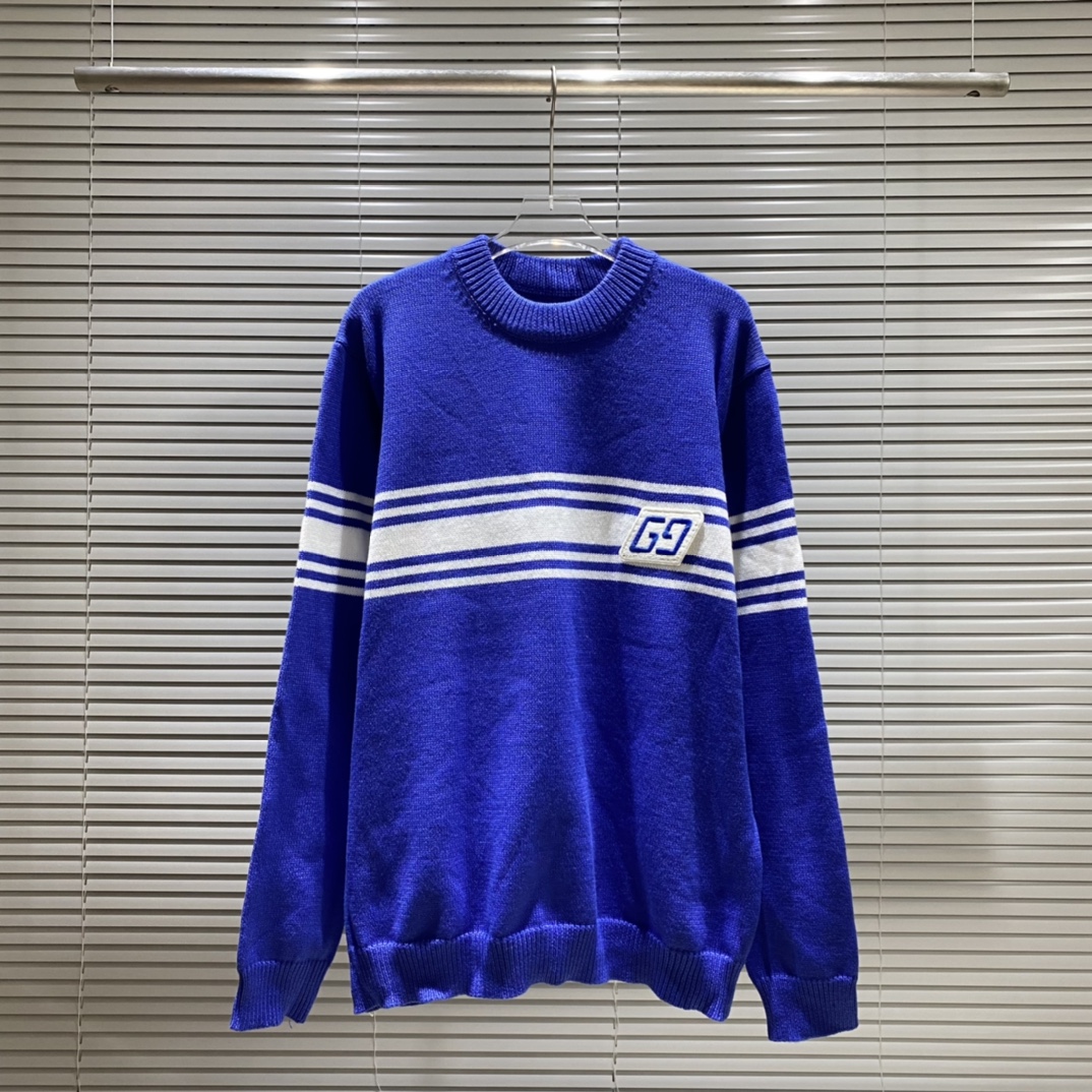 GU Suéter de cuello redondo con parche de doble G y rayas blancas, color: azul. Tallas: S M L XL XXL