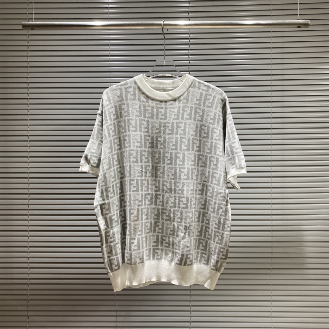 Camiseta de punto de cuello redondo con jacquard de doble F en toda la prenda FD Fendi, colores: negro, blanco, tallas:…