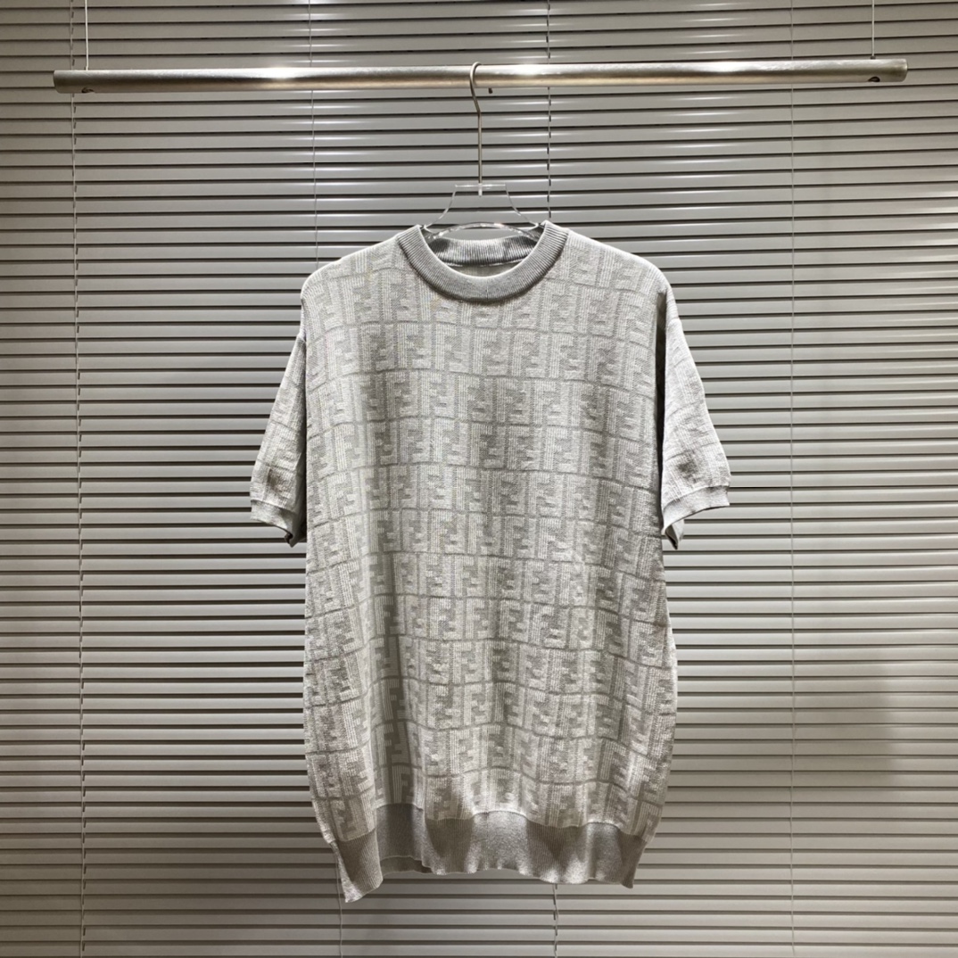 Camiseta de punto de cuello redondo con jacquard de doble F en tonos claros FD Fendi, colores: púrpura, gris, tallas: M…