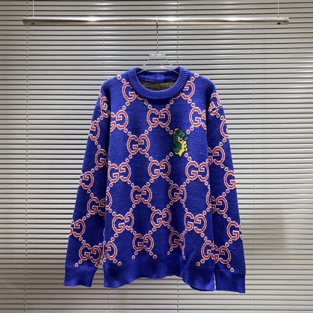 GU Suéter de cuello redondo con jacquard de doble G conectado y pequeño dragón, color: azul. Tallas: S M L XL XXL
