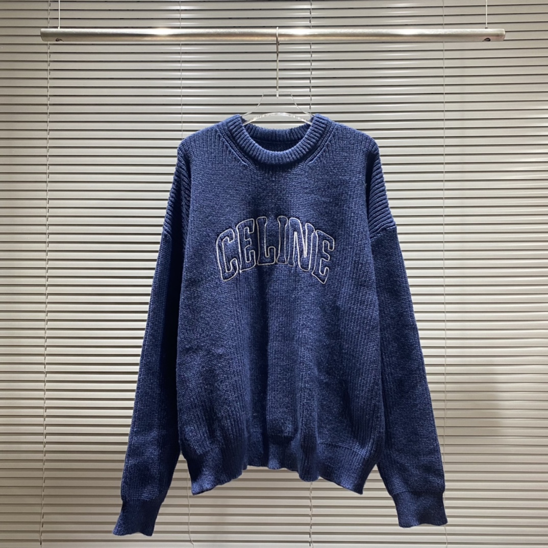 Ce Céline suéter de cuello redondo con logo de letras bordado en el pecho Color: Azul Tallas: S M L XL XXL